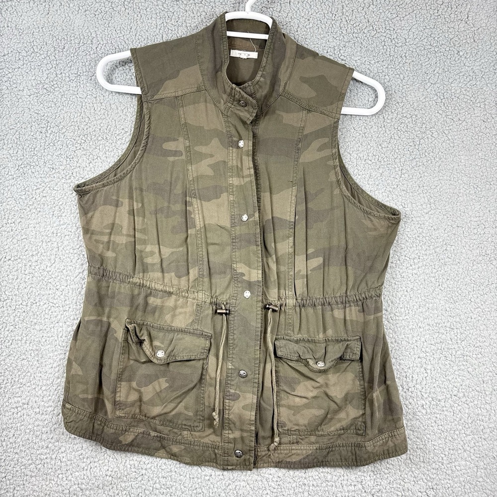 Maurices Womens Size 1 Vest Green Camouflage Drawstring Pockets Utility Snap Up‎